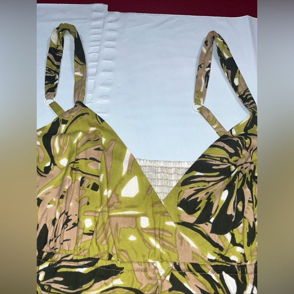 Long Tall Sally BLACK Olive Cotton Sun DRESS flowers V Neck MIDI Lined, SIZE 16 - Picture 13 of 16